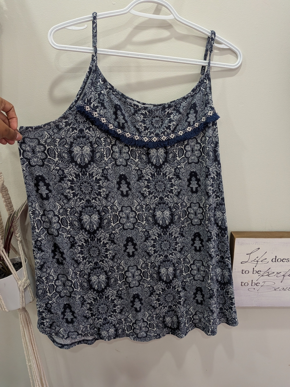 Maurices Navy and White Patterned Lace-Trim Cami